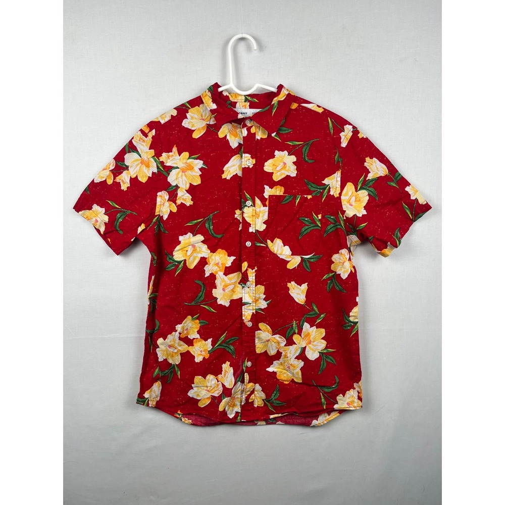 Old Navy Button Up Shirt Mens Medium Built-In Flex Floral Tropical Red Short Slv